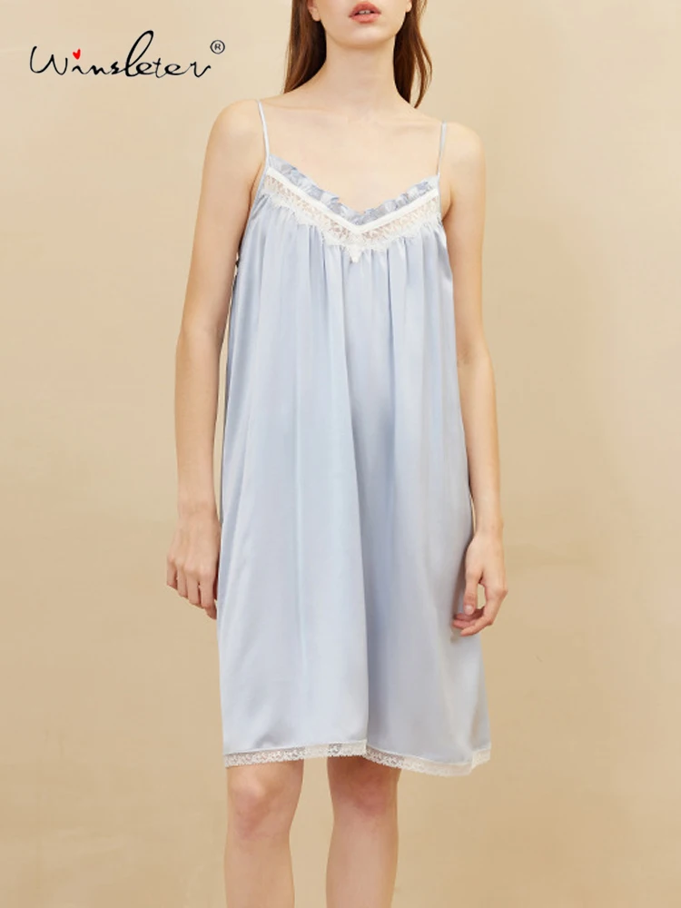 

Winsleter-19MM Элегантная ночная сорочка из 100% натурального шелка, на бретельках, с кружевом, женское французское пижамное платье, новинка весны 2026, P62008CC