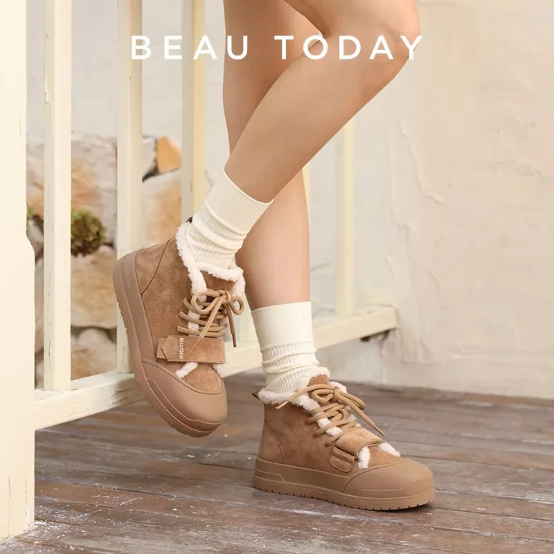 BEAUTODAY Winter Shoes Women Cow Suede Round Toe Hook Loop Solid Color Short Plush Lace-up Snow Boots Female Handmade 08230