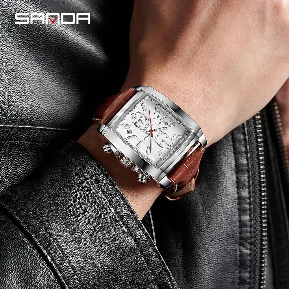 SANDA-reloj analógico de negocios para hombre, cronógrafo de cuarzo rectangular luminoso con correa de cuero elegante para deporte y trabajo