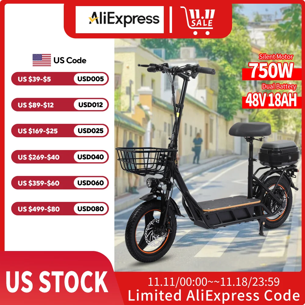 14'' Electric Scooters For Adult With Seat&Basket 48V 18AH Motor 750W E-Scooter 28MPH Fast Electric Scooter