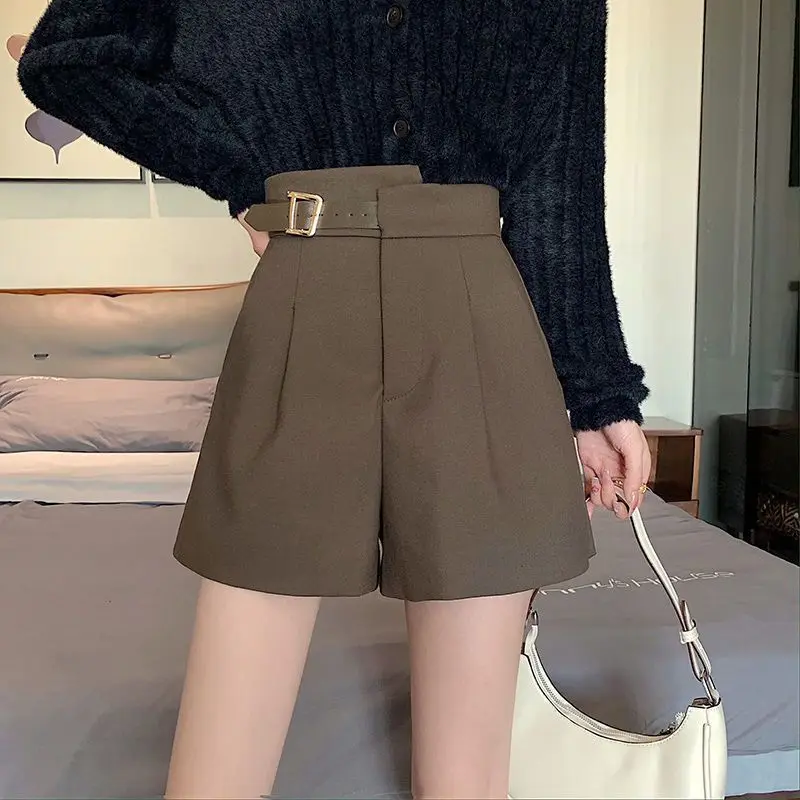 Shorts feminino alto streetwear estilo elegante botão bolso zíper voar perna larga solto ajuste chique senhora do escritório urbano commuter alfaiataria