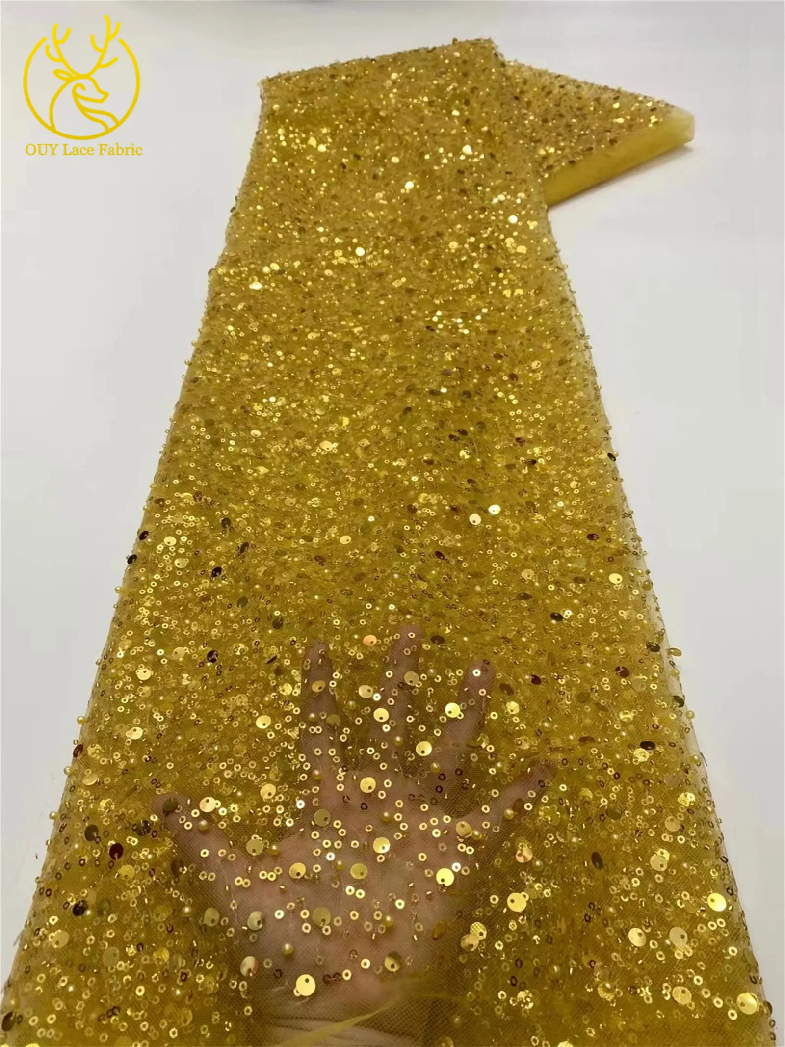 Rosa afrikanischer Tüll-Spitzenstoff mit Pailletten, 5 Yards, hochwertige nigerianische Perlen-Mesh-Spitze für Brautkleider, Hochzeitsfeiern und Näharbeiten. – Detail 15