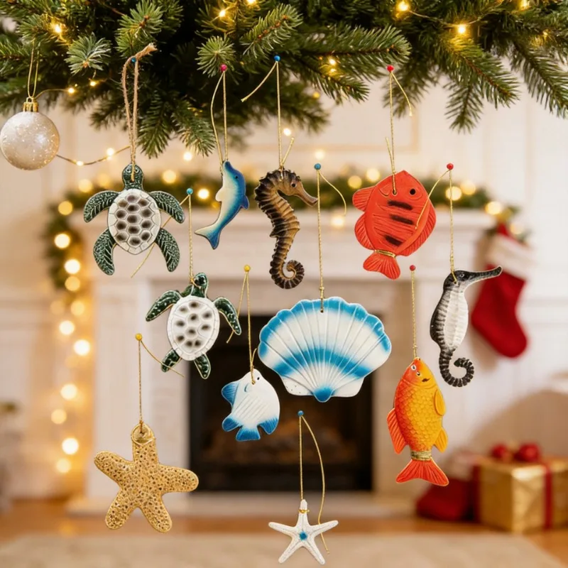 Christmas Handmade Wind Chime Hanging Ornament Resin Starfish Turtle Pendant, Fishing Net Decor Accessories for Home Decoration
