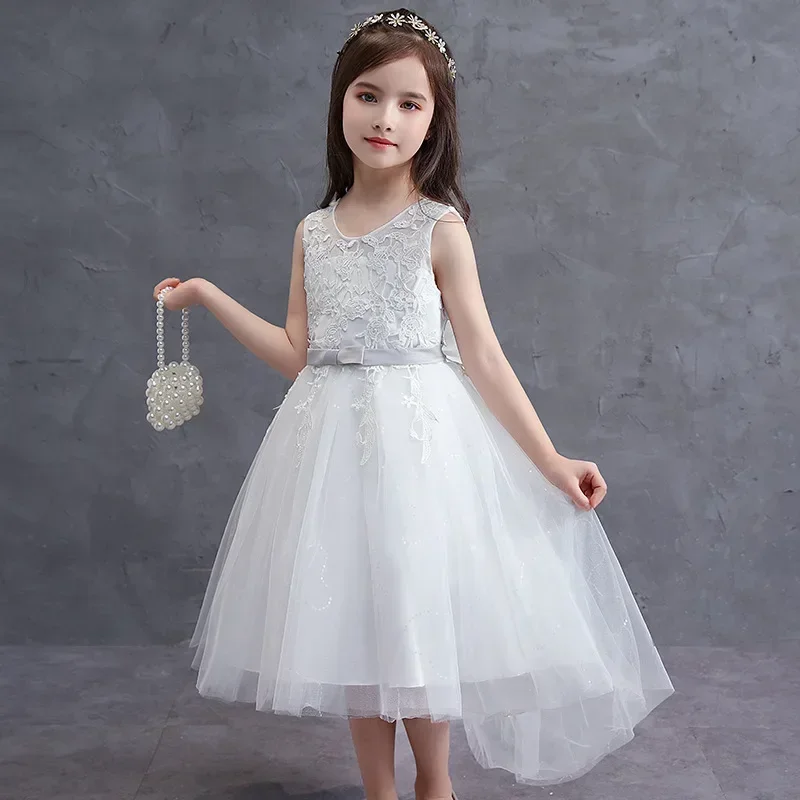 Vestido de novia blanco para niños, falda de princesa, ropa para niños, vintage, sin mangas, cintura alta, esponjoso, Primavera, 2022