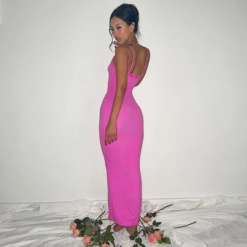 Robe longue d'été en dentelle pour femmes, couleur unie, décontractée, col licou, bretelles