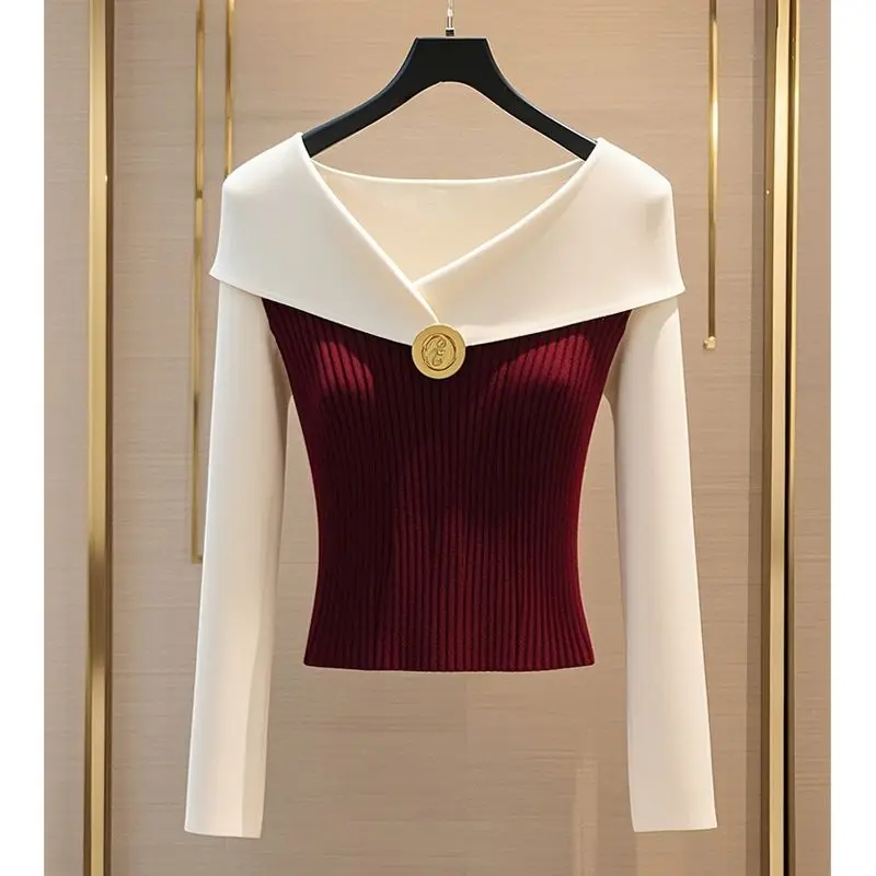 Wine Red Knitted Sweater Women's New High-end Chic Interior Tops with a Base Layer Pullover Sweater Female Knitwear