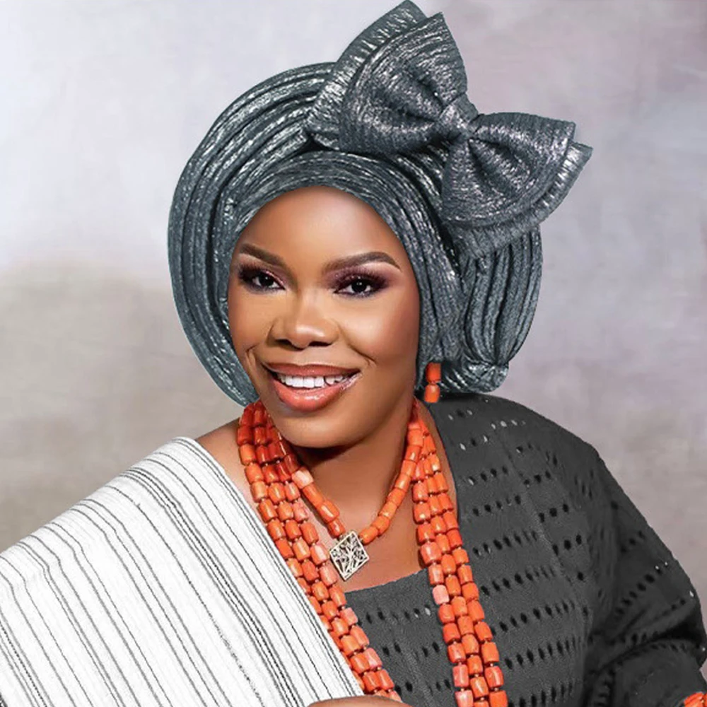 

Африканский головной убор Aso Oke Auto Gele, готовая нигерийская кепка-тюрба для женщин, повязка на голову, капот, головной убор для свадебной вечеринки, хиджаб