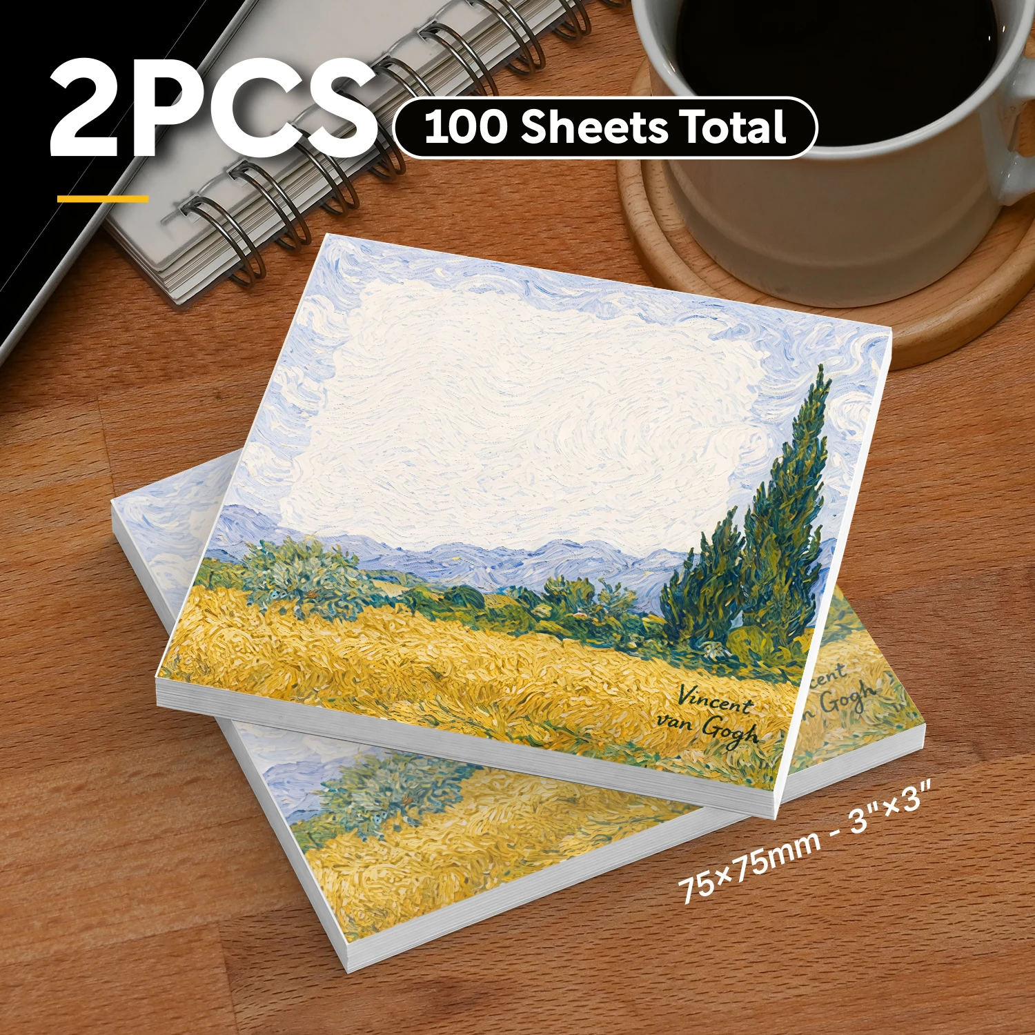 2 Pcs 100 Sheets Total Van Gogh Inspired Landscape Sticky Notes, Cypress Tree Oil Painting Memo Pads, Vintage Artistic