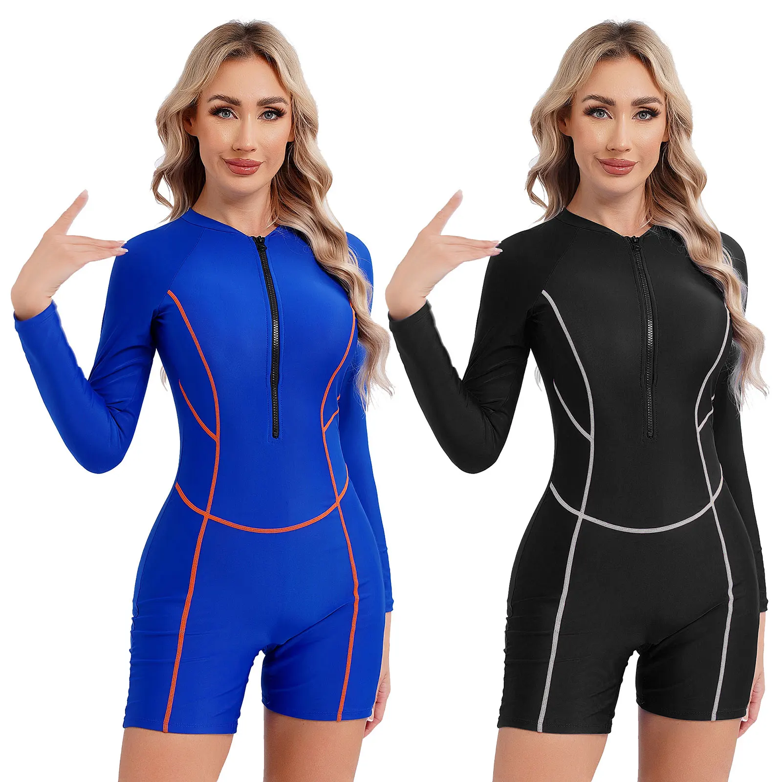 Women One-piece Zipper Swimsuit Long Sleeve Padded Front Swimsuit Boyleg Athletic Swimwear Pool Beach Surfing Bathing Suit