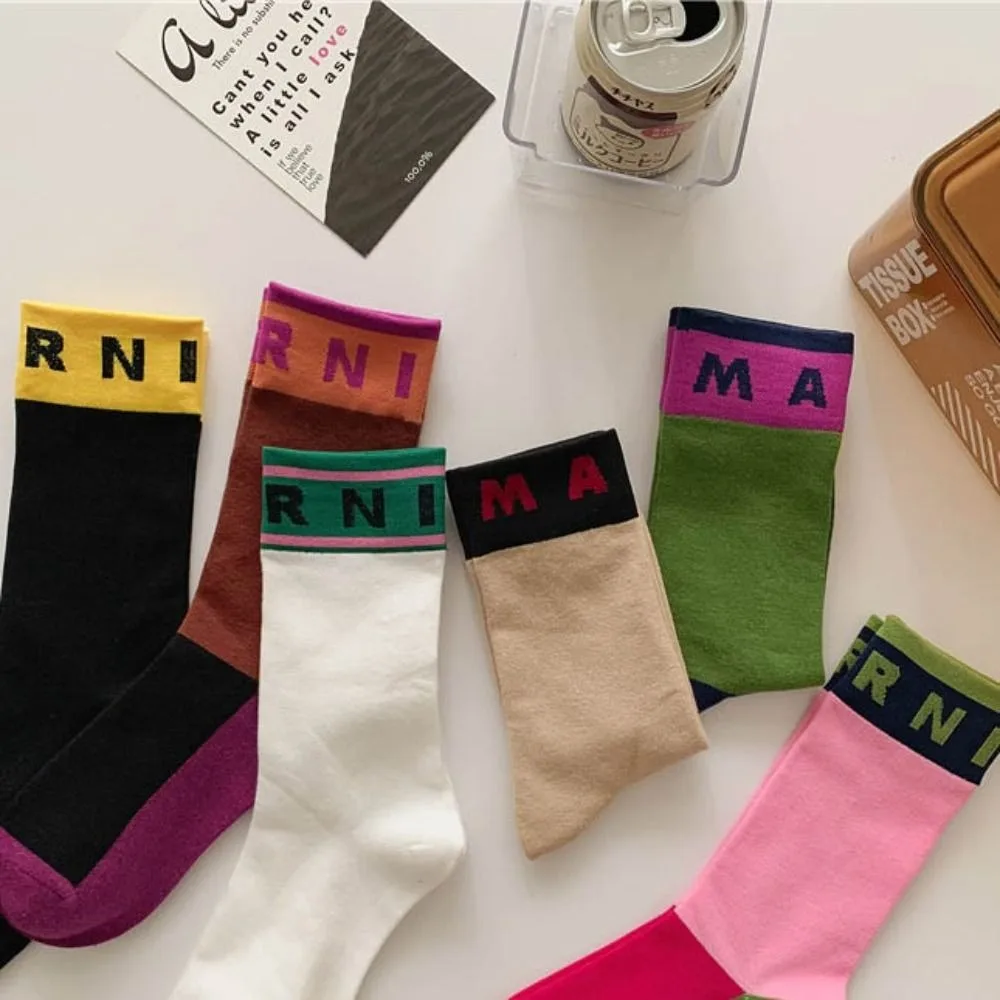 Warm Comfortable Harajuku Contrast Color Trendy Alphabet Thick Korean Style Socks Cotton Women Wool Socks Middle Tube Hosiery