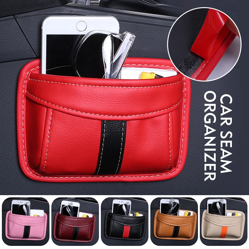 Car Seat Sewn Leather Storage Bag Multi-function Adhesive Collection Box Card Mobile Phone Key Glasses Organizer Auto Interior