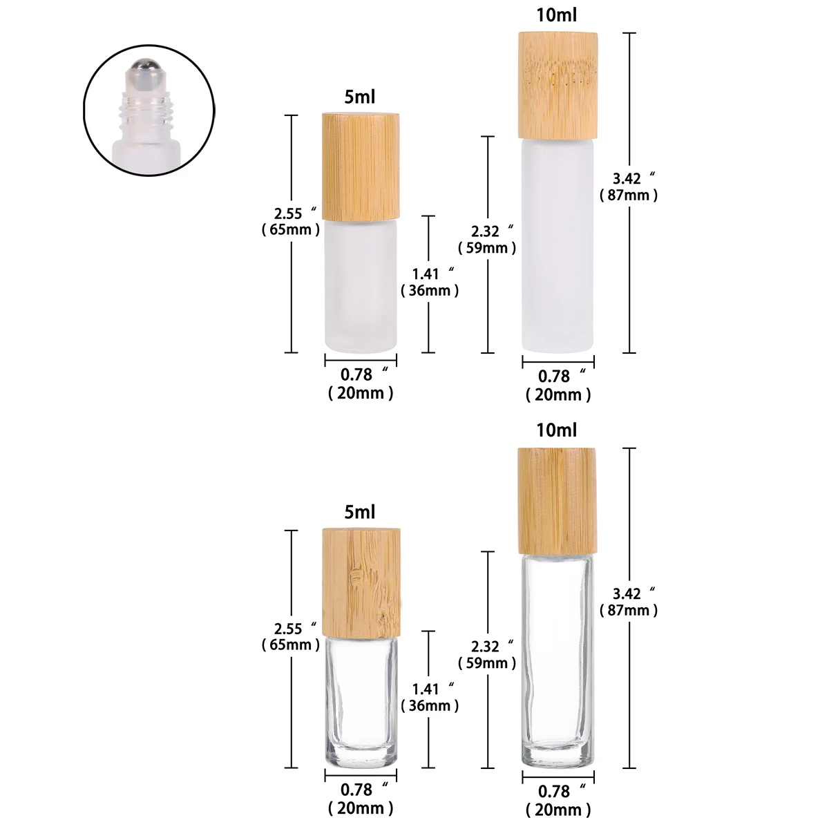 휴대용 유리 롤, 리필 가능한 병, 에센셜 오일, 스테인레스 롤러 및 대나무 뚜껑 향수 바이알, 6 개, 12 개, 24 개, 5ml, 10ml