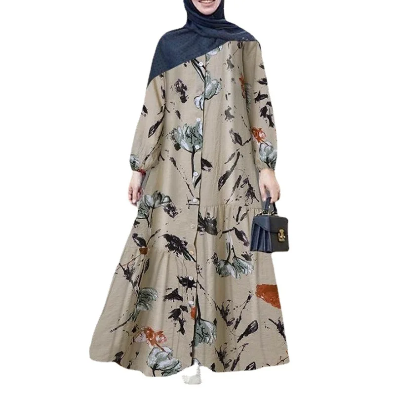 Muslim Women Abayat Cotton Linen Long Sleeve Abaya Femme Fashion Loose Casual Floral  Dress Europe America Middle East Arab