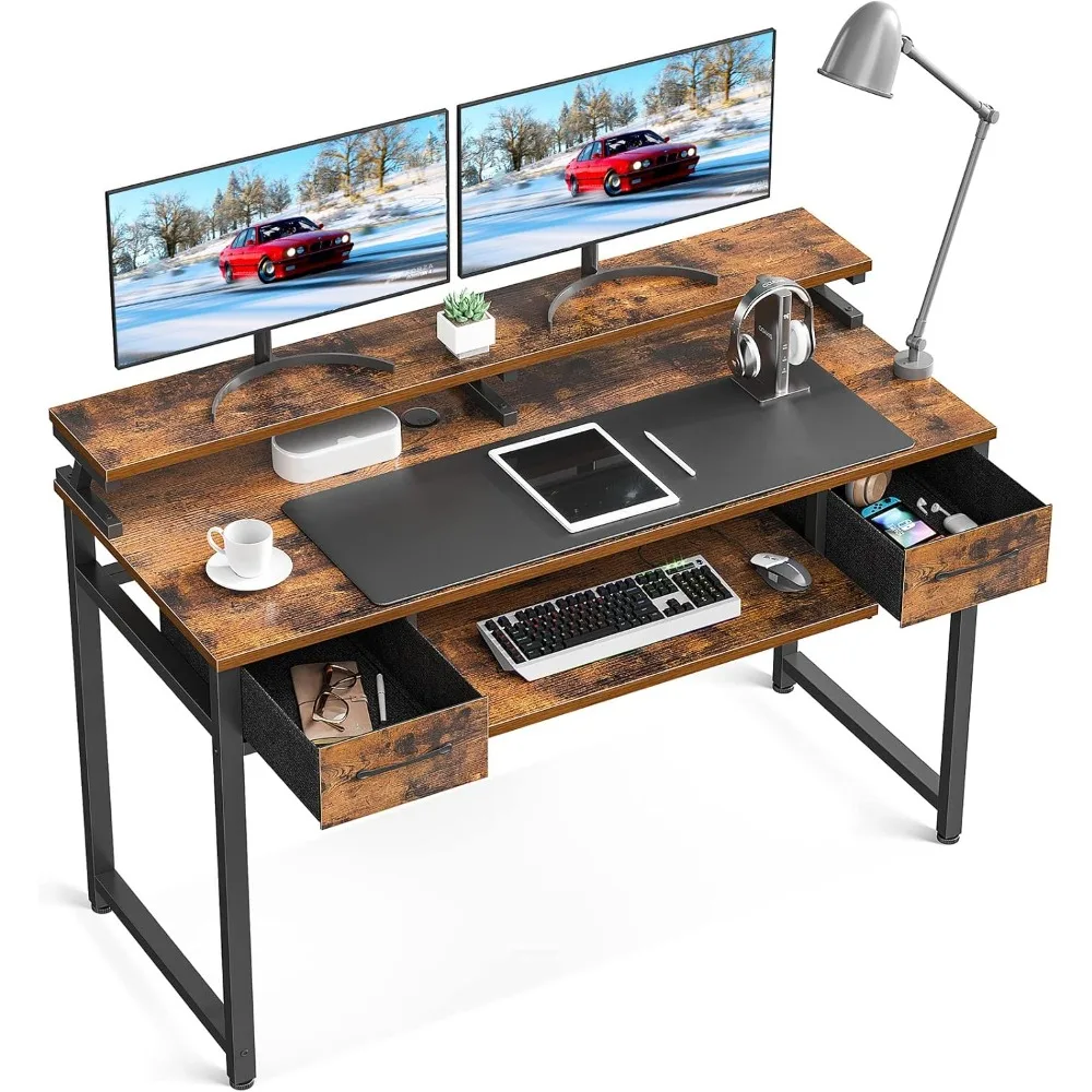 Computer Desk with Keyboard Tray and Drawers, 47 inch Office Desk with Storage, Writing Desk with Monitor Shelf