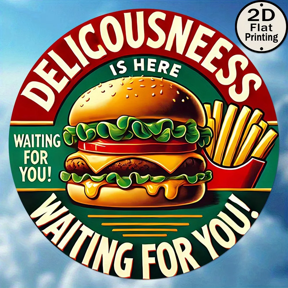 [2D Flat] 1 Stück Vintage 8x8 rundes Metall-Wandblechschild – „Deliciousness is Here“ Burger & Fries Design, rustikale dekorative Kunst aus Eisen