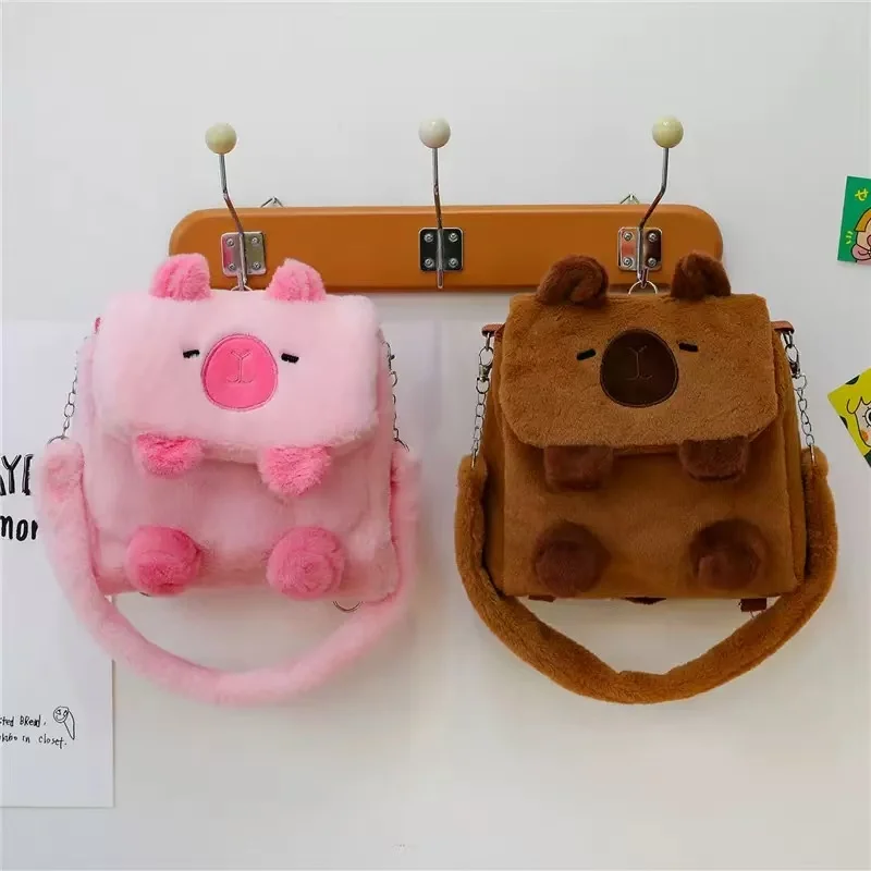 Pluszowy plecak z kapybarą z kreskówki, prosty wzór zwierzęcy, torba na ramię do szkoły, włochata kapybara, torba z klapką, damska torba na ramię.