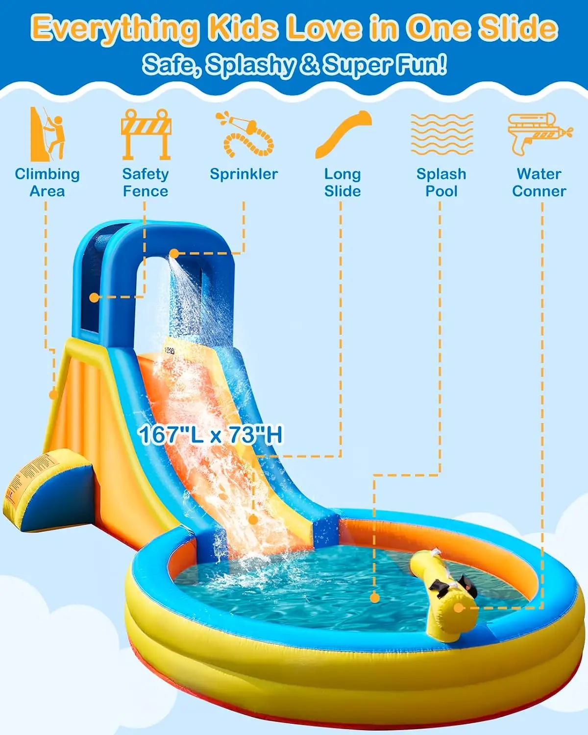 Inflatable Water Slide, 5-in-1 Round Pool Water Park with Blower | 5-in-1 Round Pool, 370W blower. For kids; long slide, wall, p