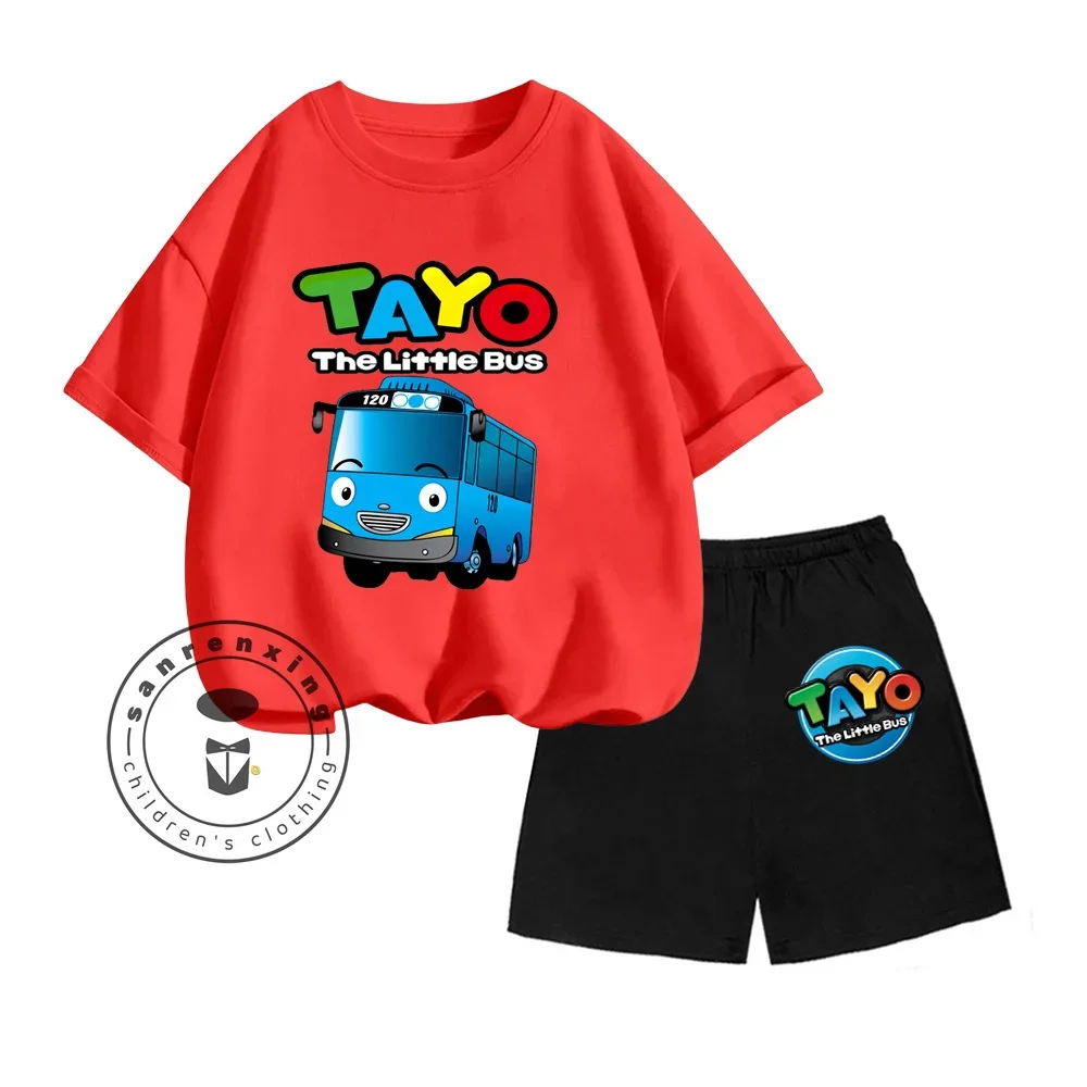 2024 New Graffiti Art Series Full Color Tayo the Litte Bus Pattern Print Design Boys and Girls Short Sleeve Shorts Two-piece Set