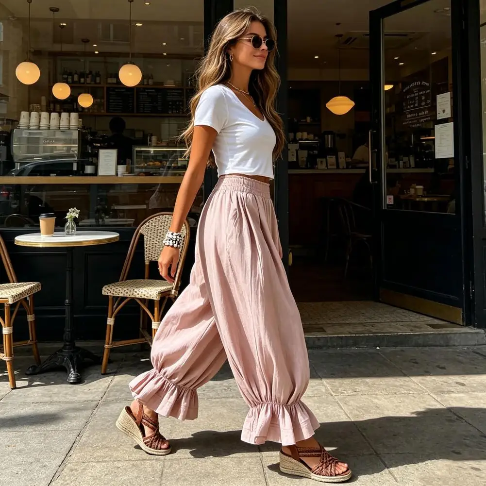 Women Bloomers High Elastic Waist Wide Leg Trousers Bohemian Ruffled Cuffs Super Loose Harem Pants for Casual Commuting Travel