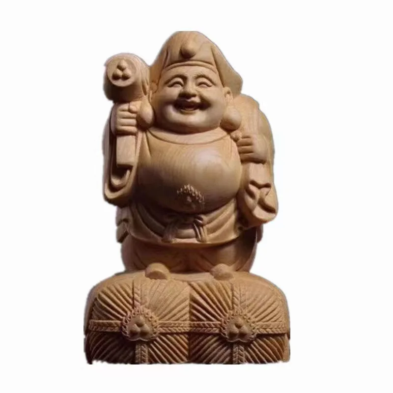 Hand Carved Hinoki Wood Daikokuten Statue Figurine - Japanese Seven Lucky Gods Wealth God Ornament Home Office Desk Decor Gift