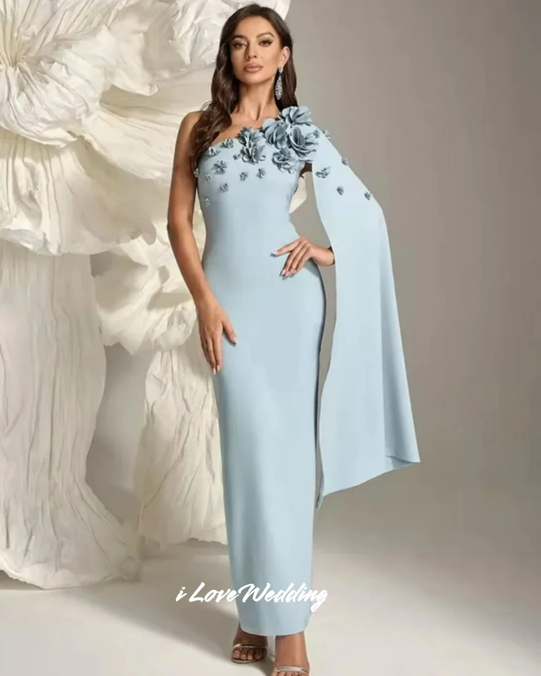 

Blue One Shoulder Evening Dresses 2025 3D Flower Shawl Mermaid Ankle-Length Prom Dress Pleated Wedding Party Dresses Customized