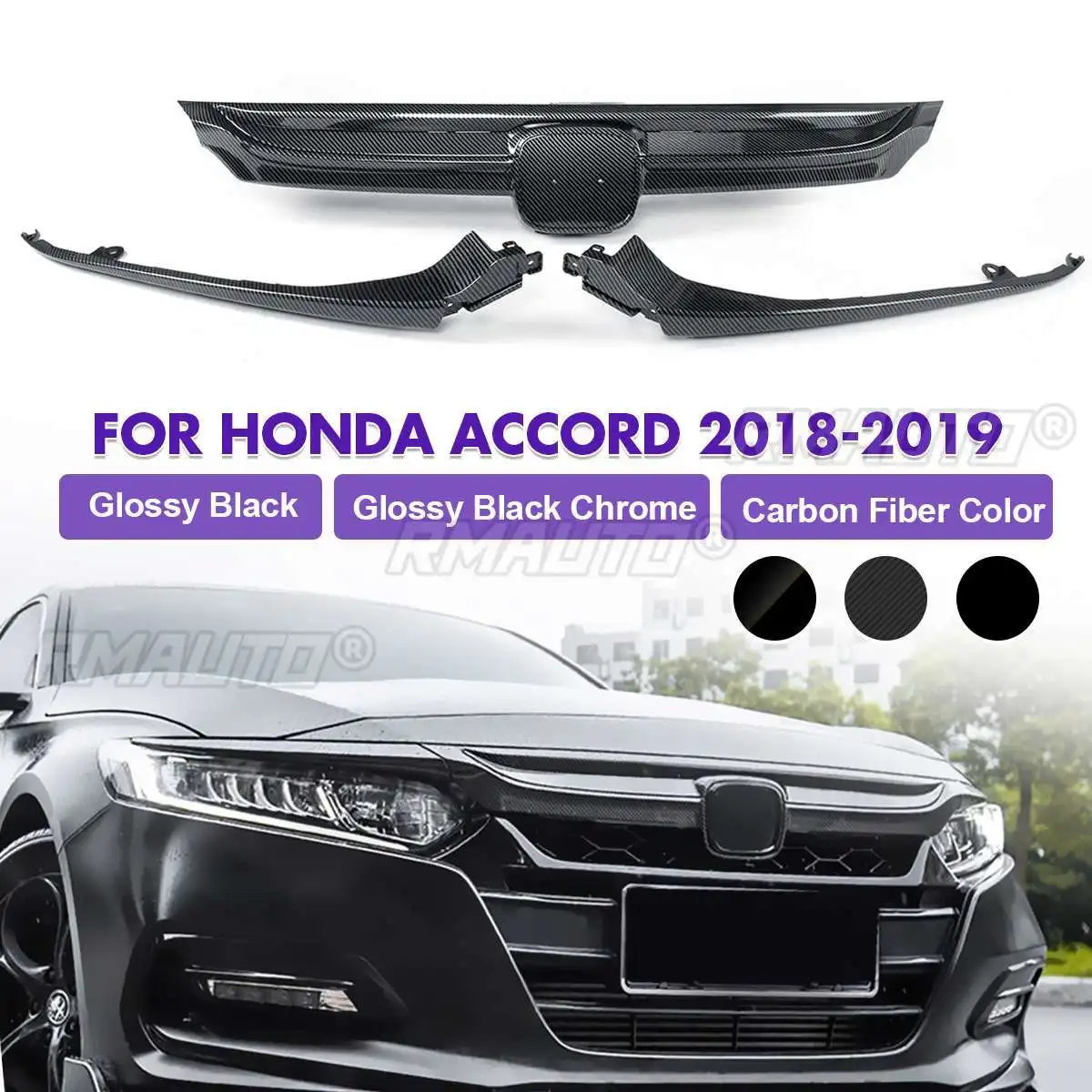 Carbon Fiber Color Car Front Bumper Hood Grille Racing Grills ABS Cover Trim For Honda Accord 4 door Sedan 2018-2019 All Models