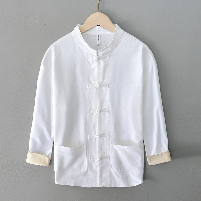 

New Designer Long-sleeved Retro Casual Linen Brand Shirts For Men Fashion Stand Collar Tops Clothing Camisa Masculina Chemise