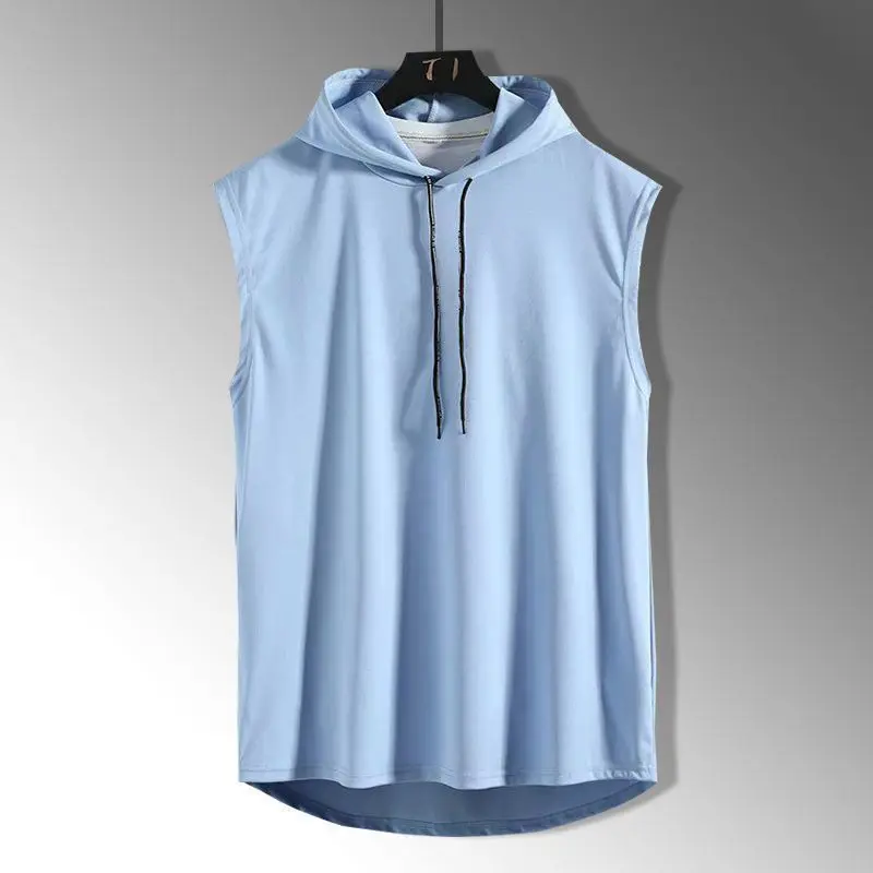 Sleeveless Running Vest Men Shirt with Hat Solid Color Cool Sleeveless Shirt Hooded Sweat Shirt Outdoor Gym Cycling Sports Wear