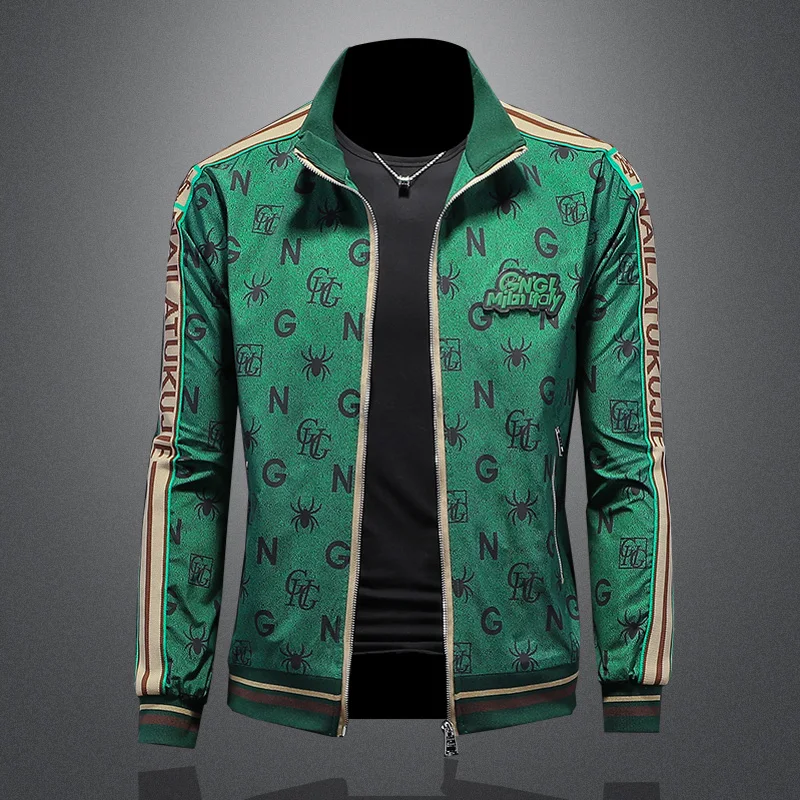 

New 2023 Men's Casual Print Stand Collar Jaet Thin Sle Youthful Slim Fit Outerwear Polyester Long Sve Zipper Closure