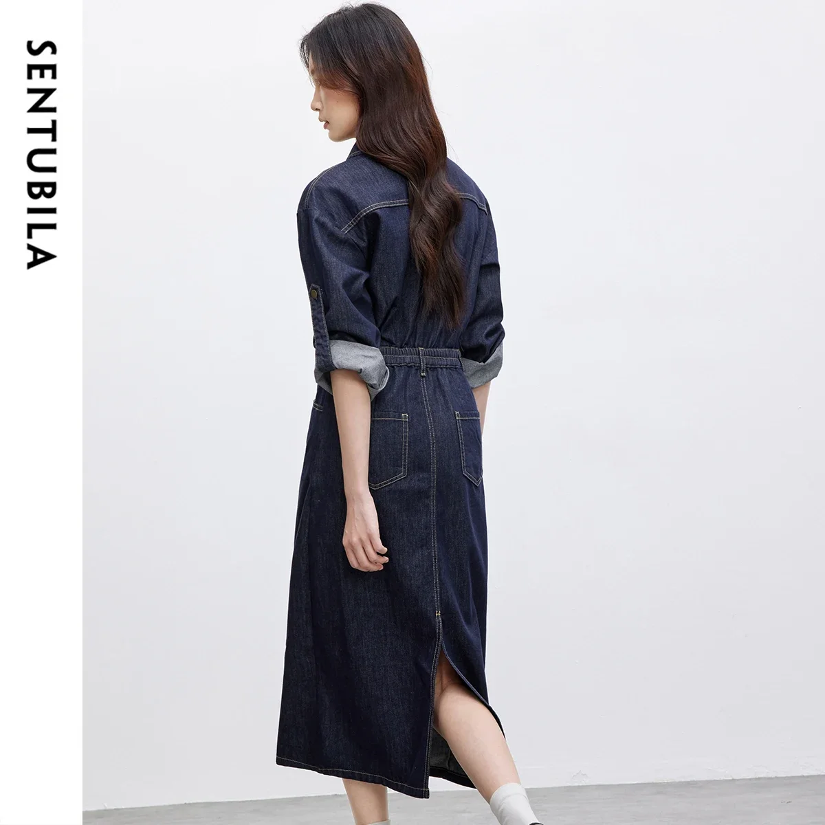 SENTUBILA Abiti in denim per donna 2025 Autunno Colletto rovesciato Tasche con bottoni Abito casual Abiti longuette a maniche lunghe W51L58809