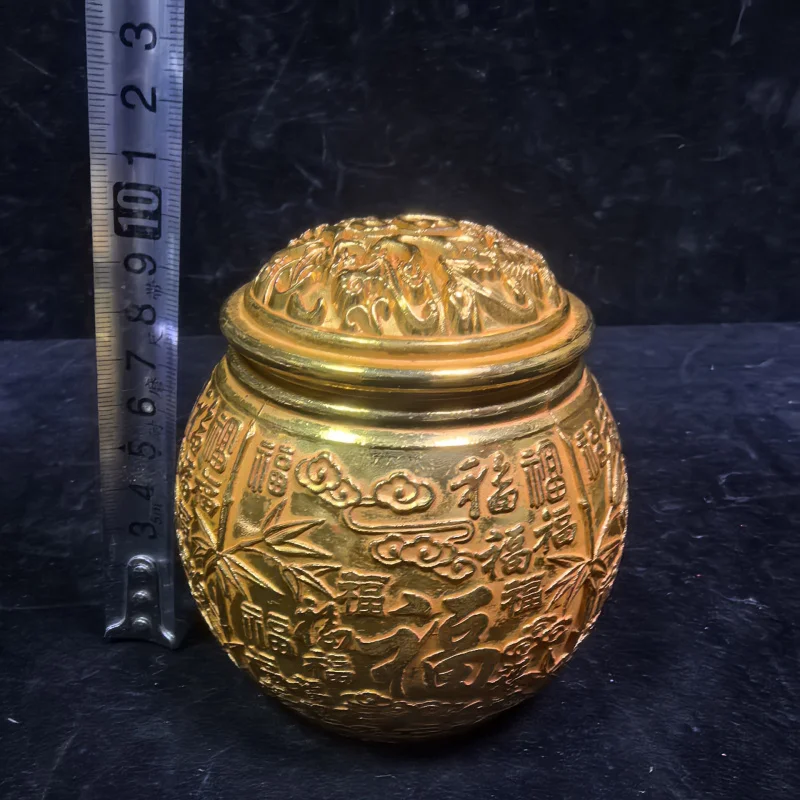 Antique-Style Tea Canister Pure Copper Gold-Plated Office Ornament Hundred Blessings Bamboo Section Hundred Blessings Harvest Te