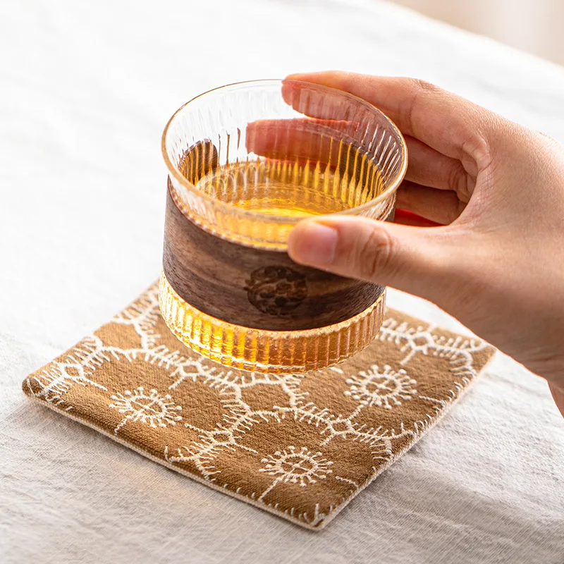 Square Embroidered Japanese style Coaster Double sided Fabric Water Absorbent Mat Coffee Cups Tea Saucers Decor Ornament