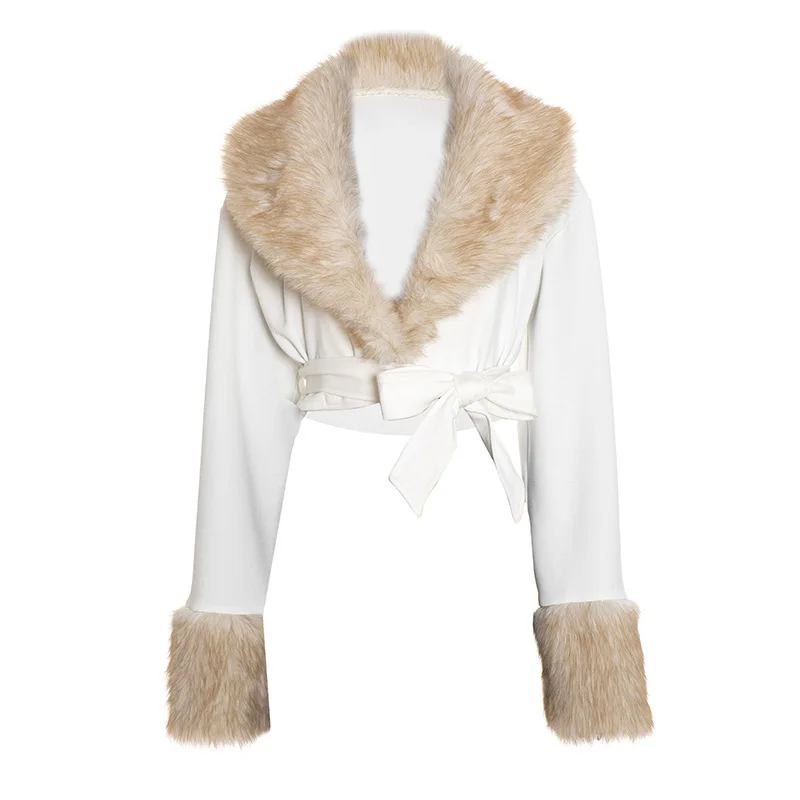 Women Big Fur Collar Hooded Cropped Jackets Fluffy Cover Up Sleeve Button Lace-up Jackets Femme Outerwear Plush Coats & Jackets