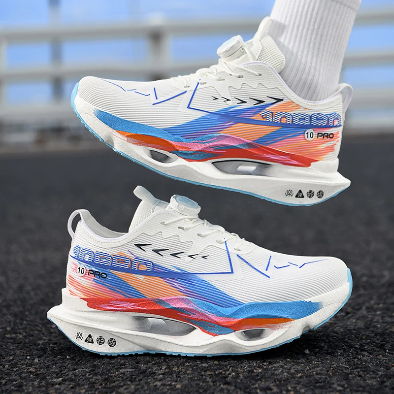 Herren-Freizeitsportschuhe mit Drehverschluss, professionelle Laufschuhe mit Carbonplatte, Unisex-Laufschuhe mit farbverlaufendem, atmungsaktivem Mesh-Material, hohe Rückfederung, stoßdämpfend, verhindert Verdrehungen, rutschfest, abriebfest, für Langstreckenläufe, Training, Fitness, Freizeitsportschuhe. – Detail 1