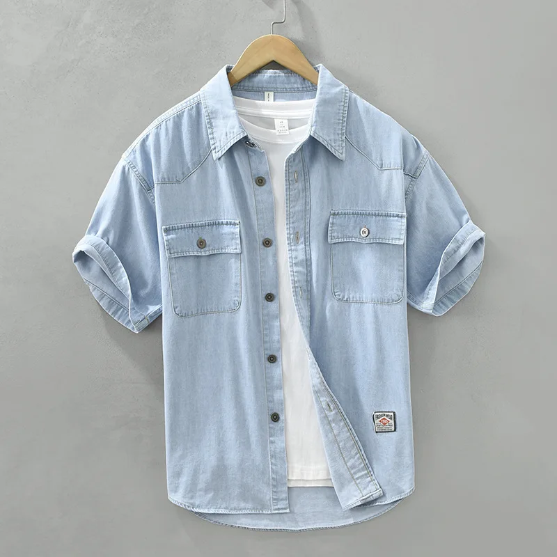 

Causal Summer Short Sleeve Denim Shirt Men Street Loose Blue Jeans Shirt Japanese Double Pockets Shirt Youth Fashion Male Shirts