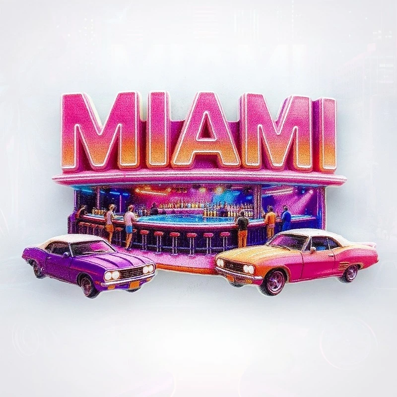 

Miami Beach Fridge Magnet - Vibrant 3D Bar & Sports Car Souvenir Unique Florida Nightlife Gift for Travel & Man Cave Decor
