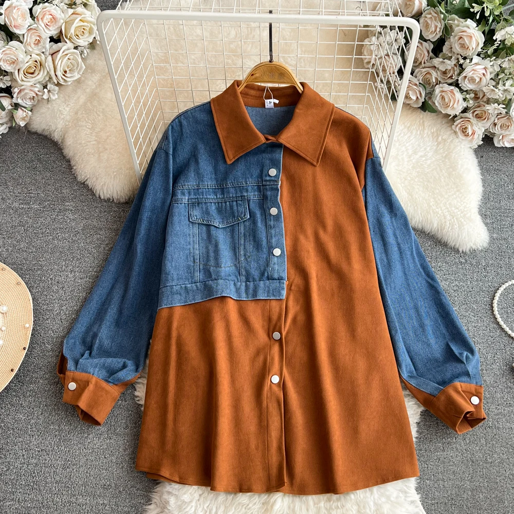 Korean Loose Fitting Denim Splicing Shirts Women Retro Turn-down Collar Long Sleeve Tops Leisure Single Breasted Shirts Female