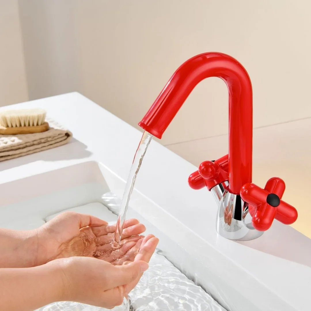 Red Bathroom Faucet Brass Bathroom Basin Faucet Cold Hot Water Mixer Sink Tap Double Handle Deck Mounted  Lavotory Tap