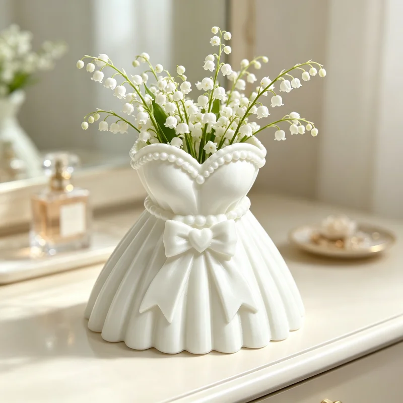 White Heart-Shaped Bowknot Pearl Wedding Dress Vase, Fashionable Skirt-Shaped Flower Vessel, Practical Dual-Purpose Desktop Storage Box, for Displaying Artificial Flowers and Storing Beauty Products