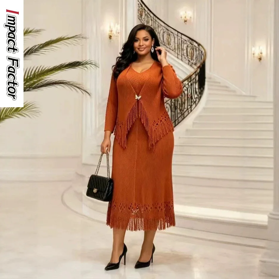 Miyake Pleated New Fashion V-neck Solid Color Two-piece Set Temperament Fringed Dress Set Women's Clothing
