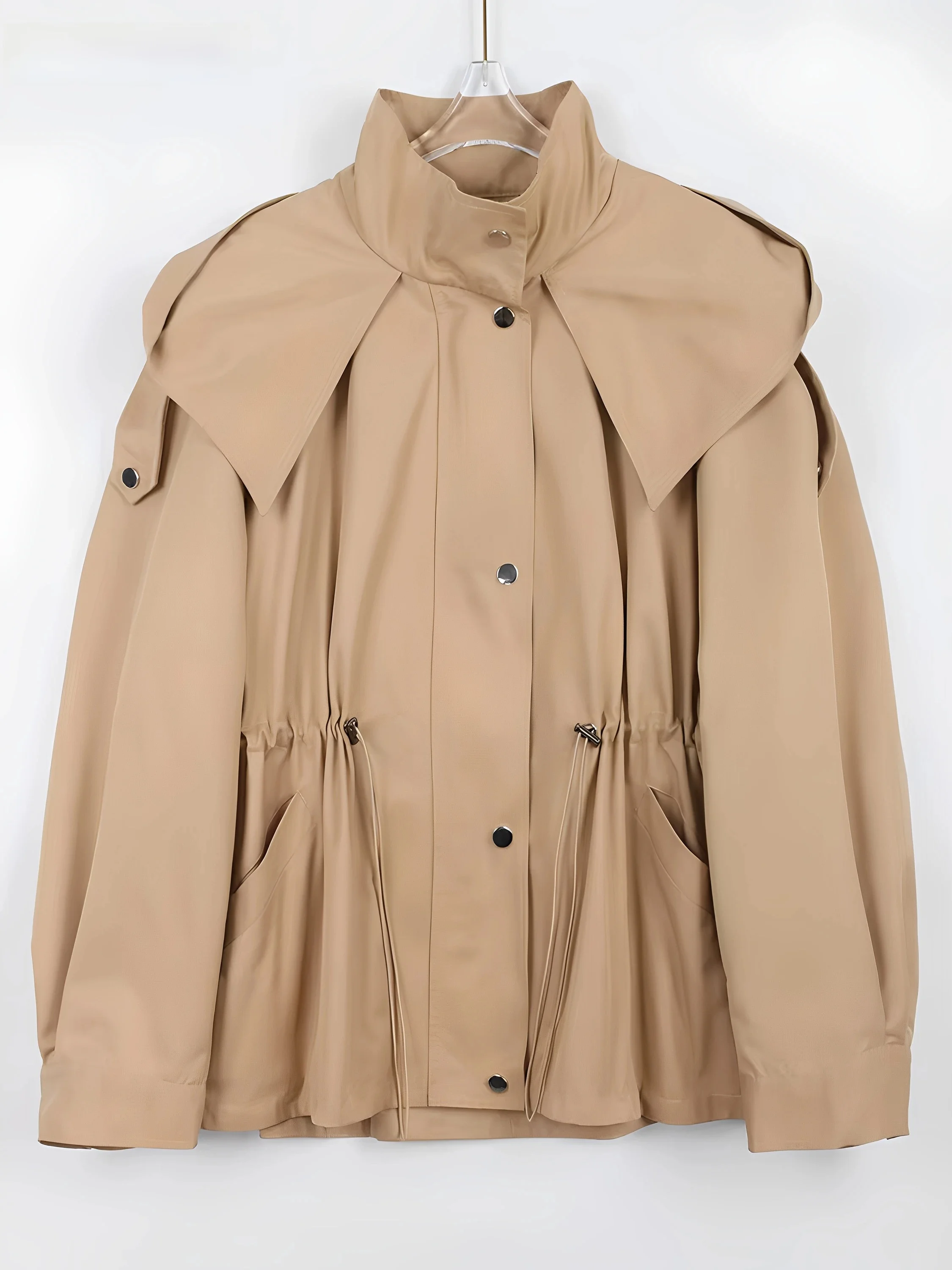 Nerazzurri Spring Autumn Khaki Color Women's Long Coat with Hood Stand Collar Drawstring Waist High-End Feelings Retro Style