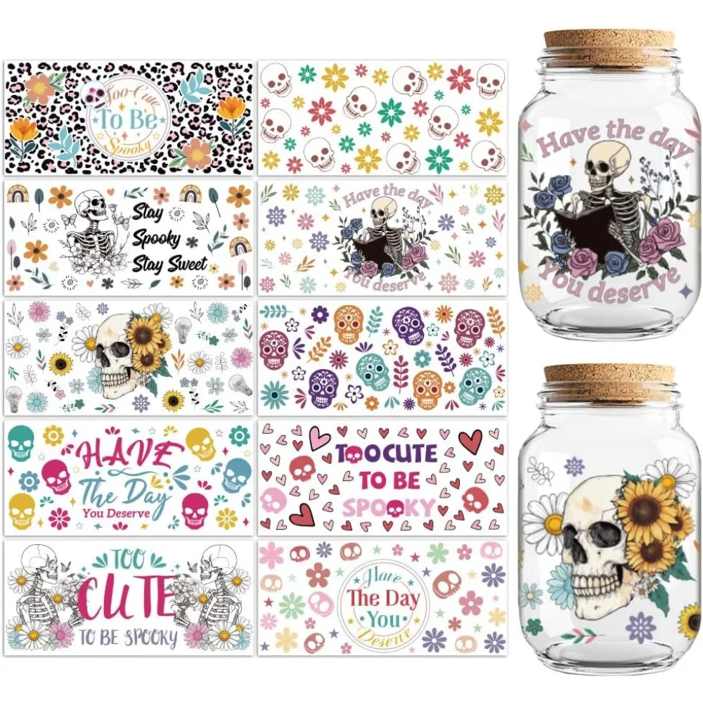 UV DTF Cup Wraps Transfer Stickers Skeleton Pattern 10 Sheets Waterproof  Vinyl Transfer Sticker 16oz Coffee Glass Cup