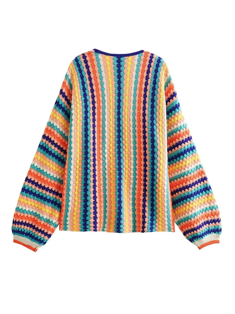 2024 Autumn Women Ethnic Crochet Top Coat Multicolored Striped Knit Loose Lantern Sleeve Sweater Cardigan Beach Cover-ups A2893