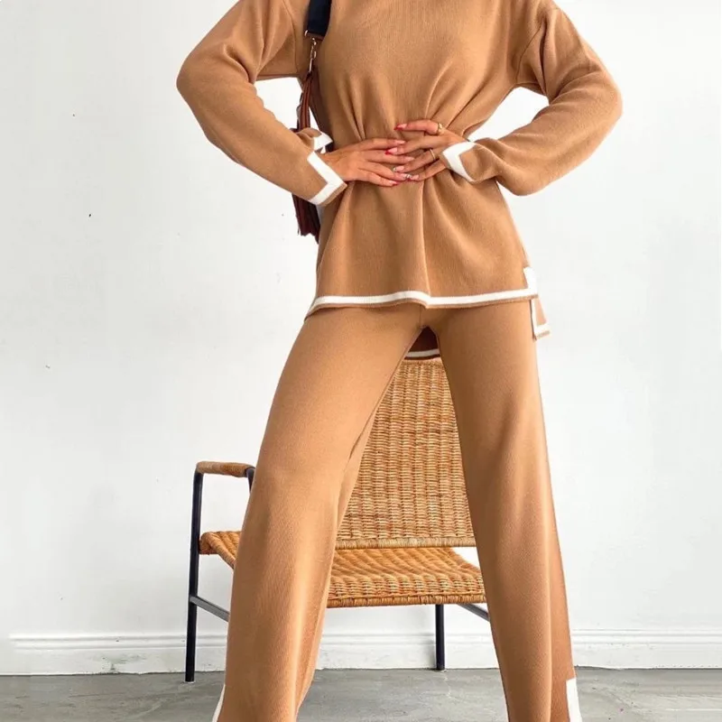 Ensemble 2 pièces décontracté coréen pour femmes, automne et hiver, ensembles de pantalons fendus, pull à manches longues, col rond, nouveau, 2024