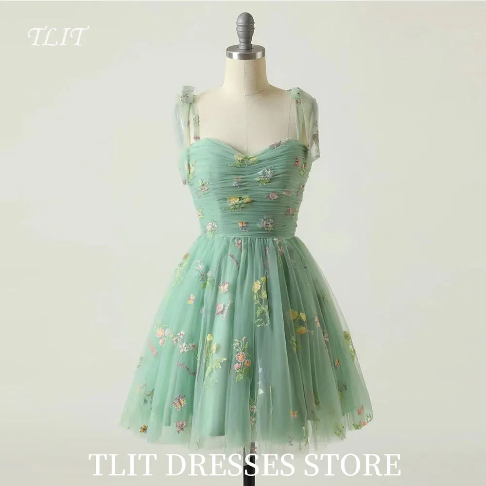 

TLIT Floral Embroidery Tulle Evening Gown Dress Wedding Dress Photo Shoot Spaghetti Strap Mini-Length Customized Formal Party