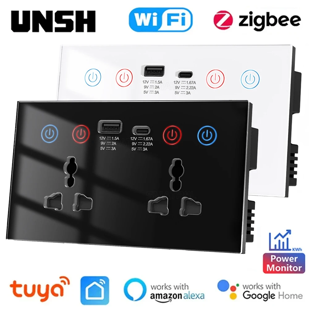 

EU UK US Universal Plug Tuya ZigBee/WiFi Smart Socket Switch With USB And Type-C Port Outlet Smart Life Via Alexa Google Home