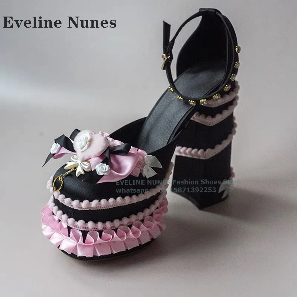 Platform Rhinestone Buckle Strap Lolita Pumps Round Toe Height Increasing Shallow Flower Ruffles Women Mary Janes 2024 Newest view 2