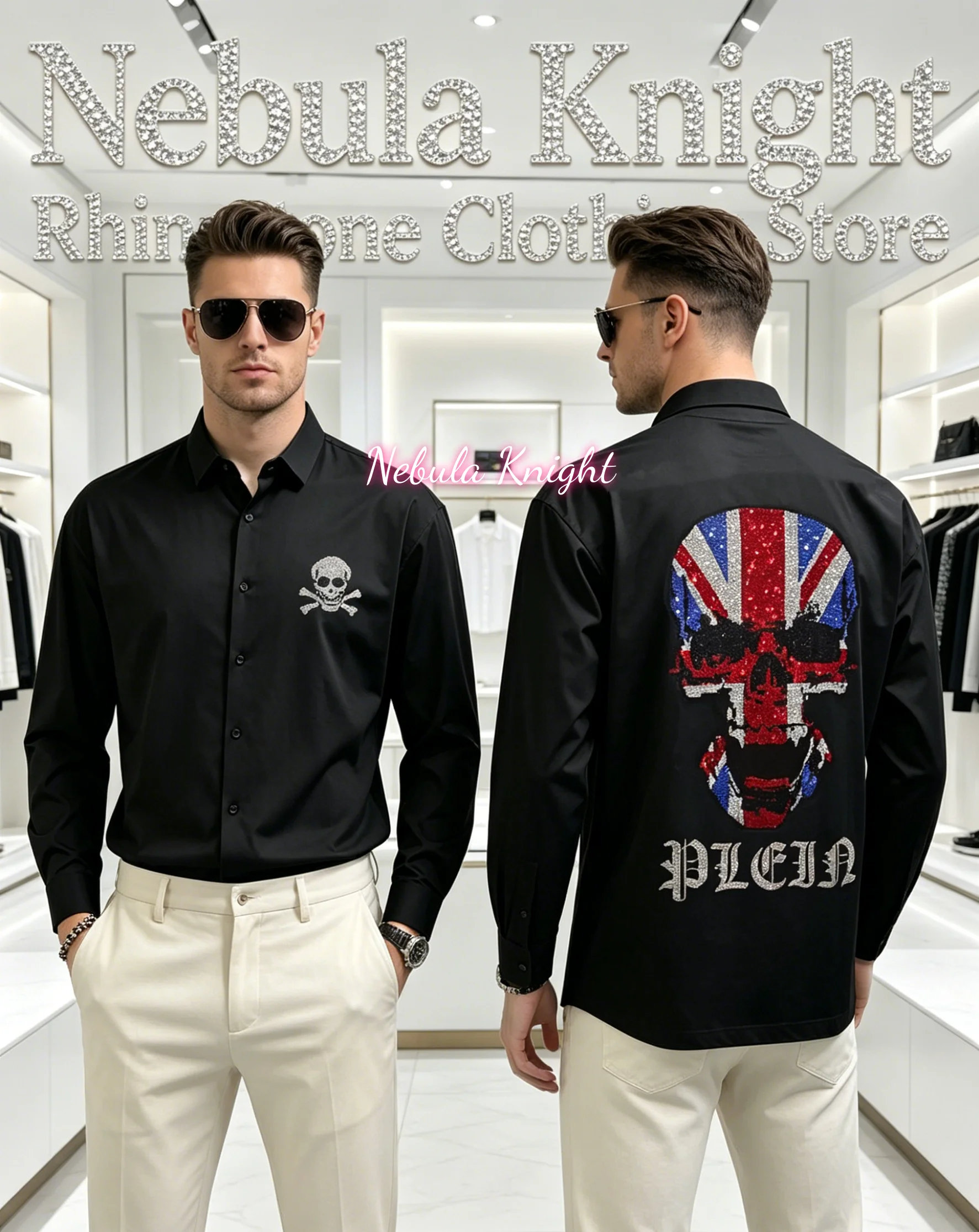 New Men Luxury Black Rhinestone Button Down Shirt Long Sleeve Slim Fit High Street Daily Casual Dress Shirts