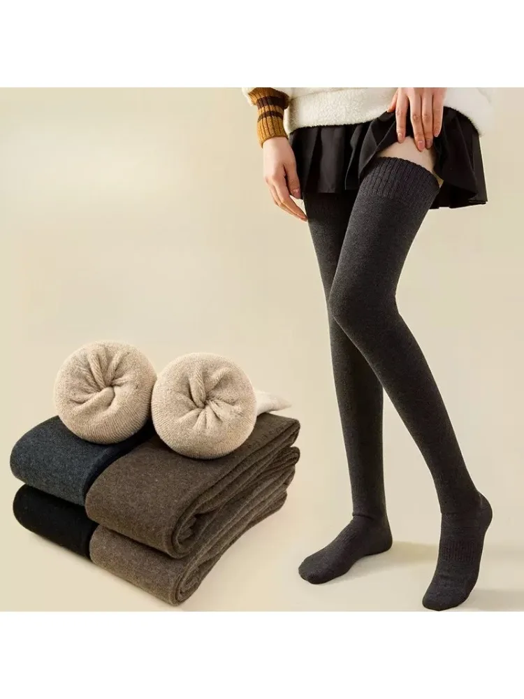 One pair of women's extended, thickened thigh-high socks: winter fleece-lined, extra-warm, over-the-knee socks