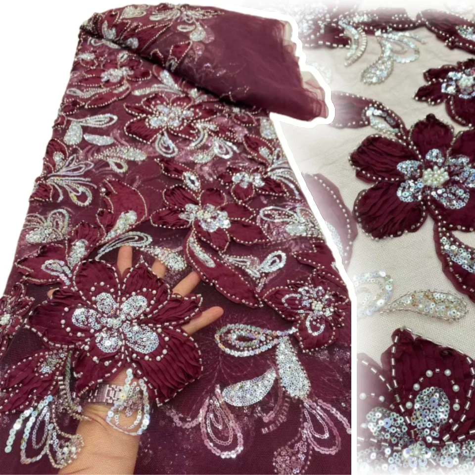

Luxury African Fabric Lace 5 Yards 3D Lace High Quality Blue Sequin French Beaded Lace Fabrics for Wedding Dress Sewing 1924